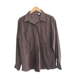 VTG Women Sun River Suede Shirt Sz L Brown Wooden Button Long Sleeve Old Money
